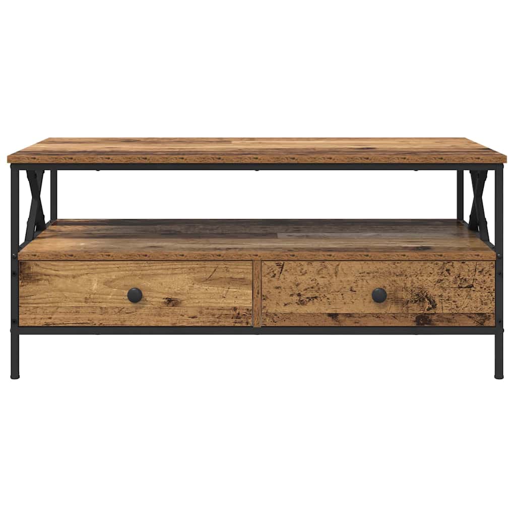 Salontafel met lade met plank met opslag Oud hout 100 x 51 x 45 cm Bewerkt hout