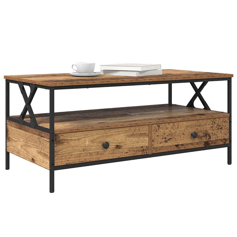 Salontafel met lade met plank met opslag Oud hout 100 x 51 x 45 cm Bewerkt hout