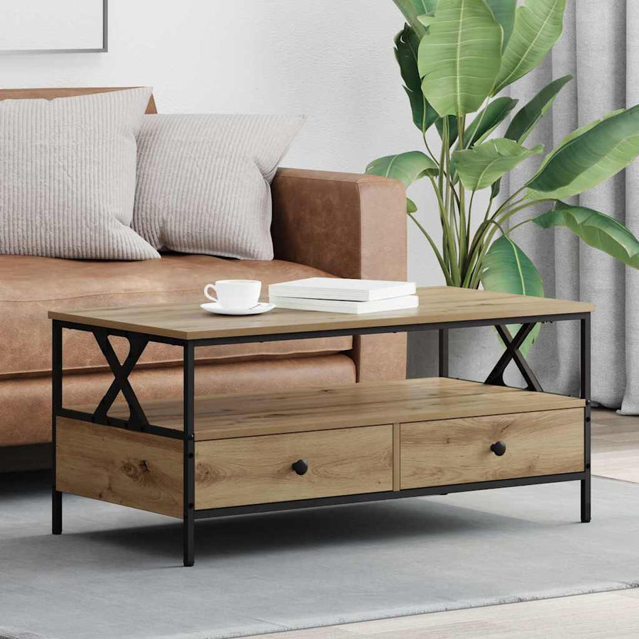 Salontafel met lade met plank met opslag artisanaal eikenkleurig 100 x 51 x 45 cm
