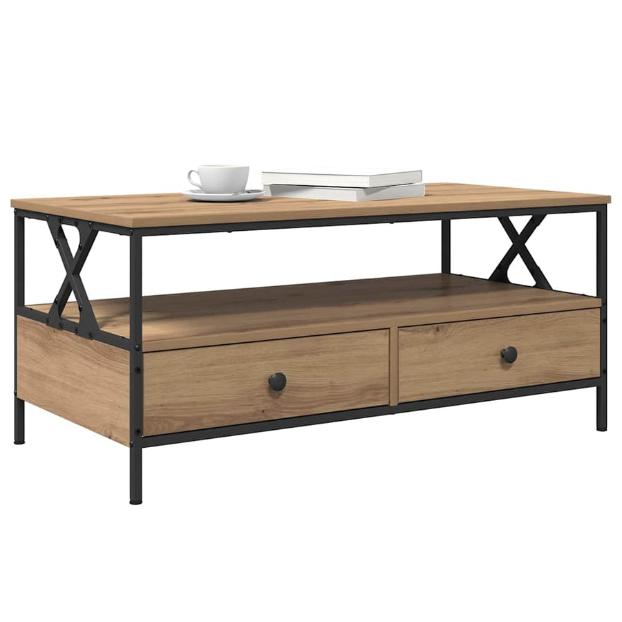 Salontafel met lade met plank met opslag artisanaal eikenkleurig 100 x 51 x 45 cm