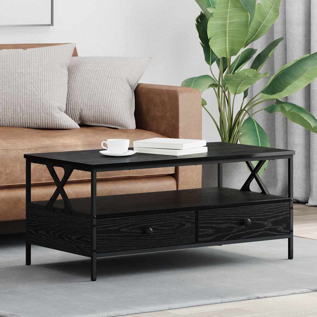 Salontafel met lade met plank met opslag Zwart eiken 100 x 51 x 45 cm Bewerkt hout