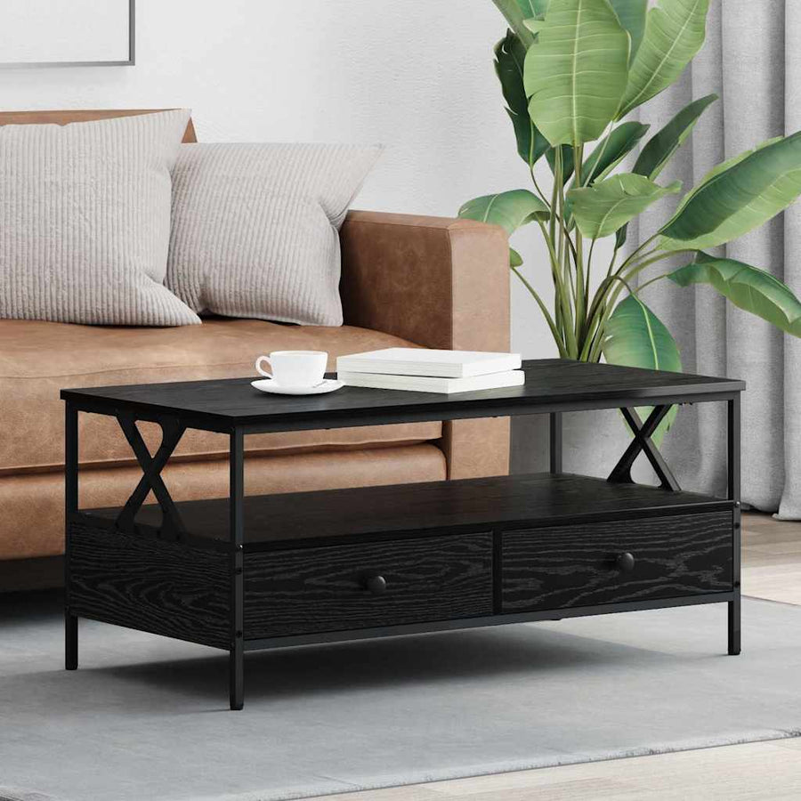 Salontafel met lade met plank met opslag Zwart eiken 100 x 51 x 45 cm Bewerkt hout