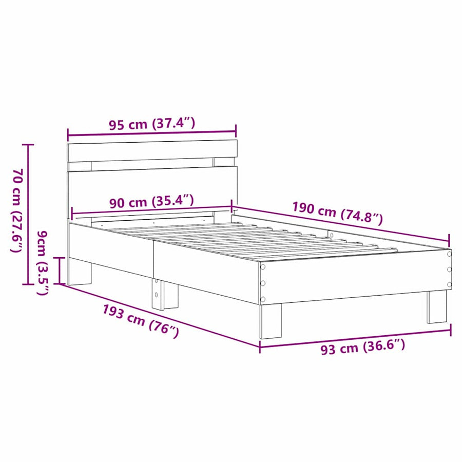 Bedframe Met Hoofdeinde Oudhout 193 X 95 X 88 Cm Bewerkt Hout 90 x 190 cm