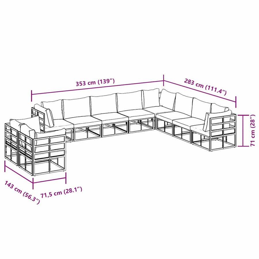 Tuin Sofa Set met kussen 10 pcs Zwart Aluminium