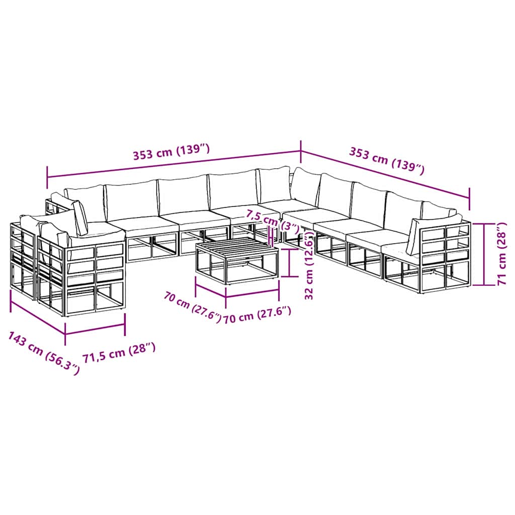 Tuin Sofa Set met kussen 12 pcs Zwart Aluminium