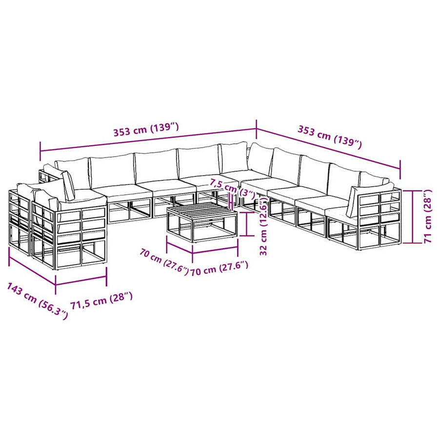 Tuin Sofa Set met kussen 12 pcs Zwart Aluminium