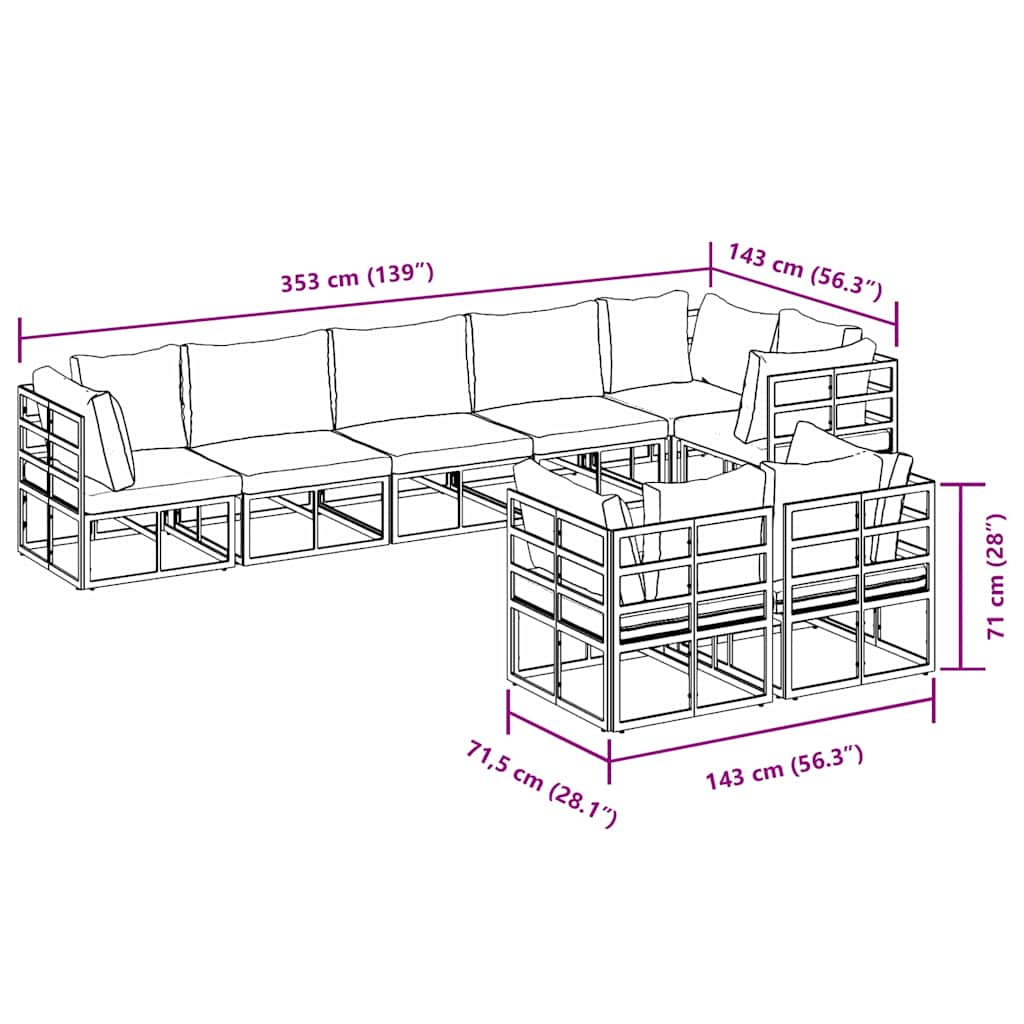 Tuin Sofa Set met kussen 8 pcs Zwart Aluminium