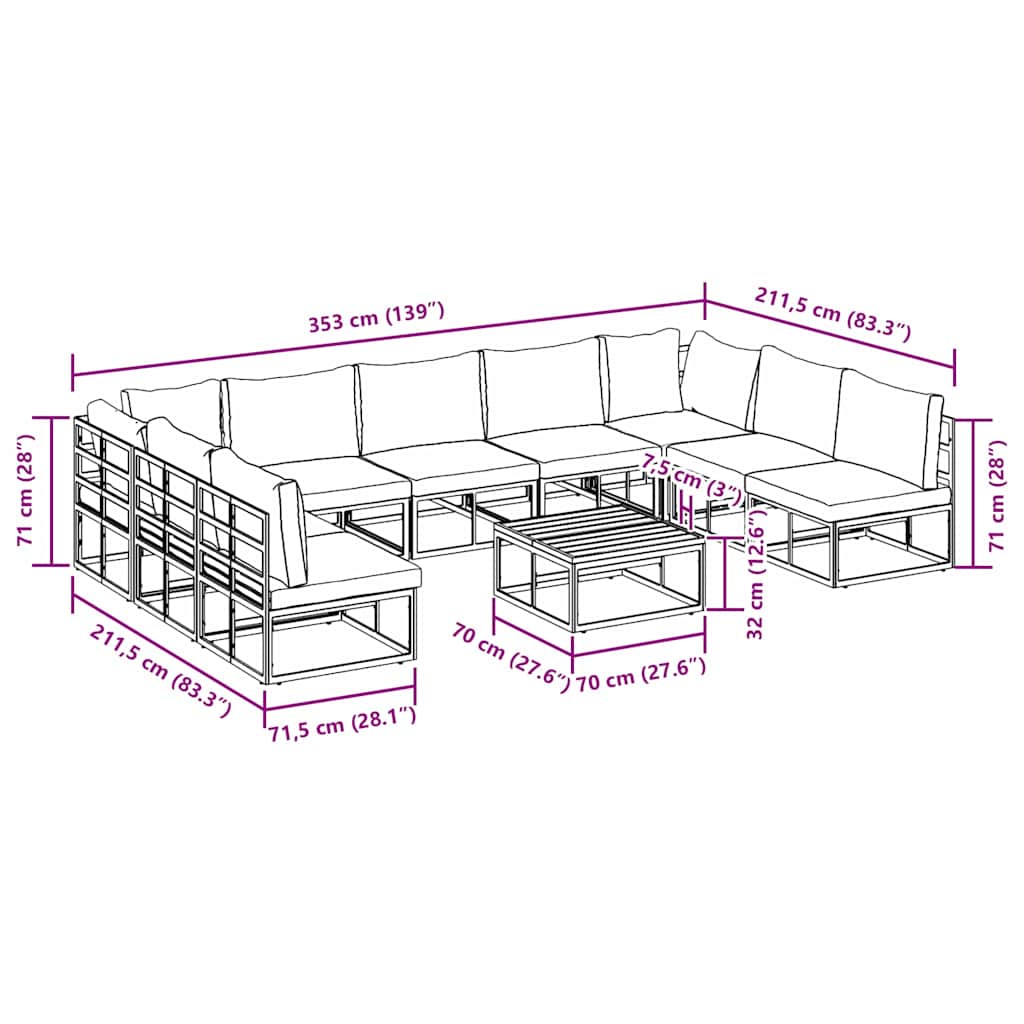 Tuin Sofa Set met kussen 10 pcs Zwart Aluminium