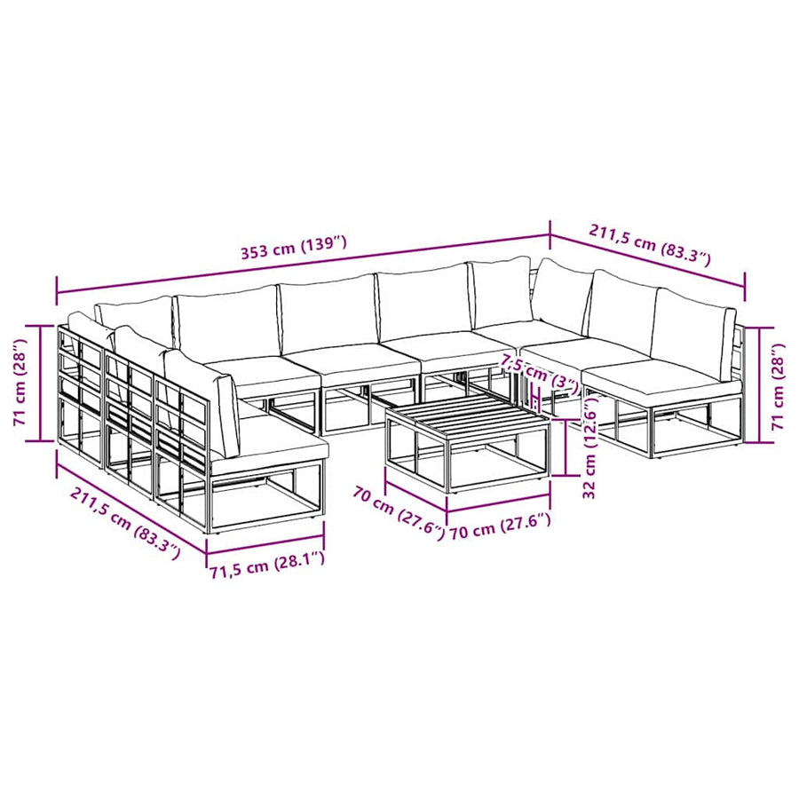 Tuin Sofa Set met kussen 10 pcs Zwart Aluminium