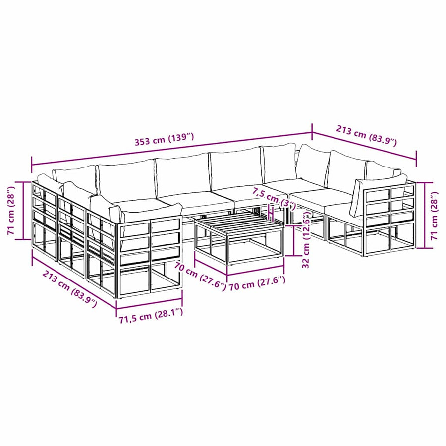 Tuin Sofa Set met kussen 10 pcs Zwart Aluminium