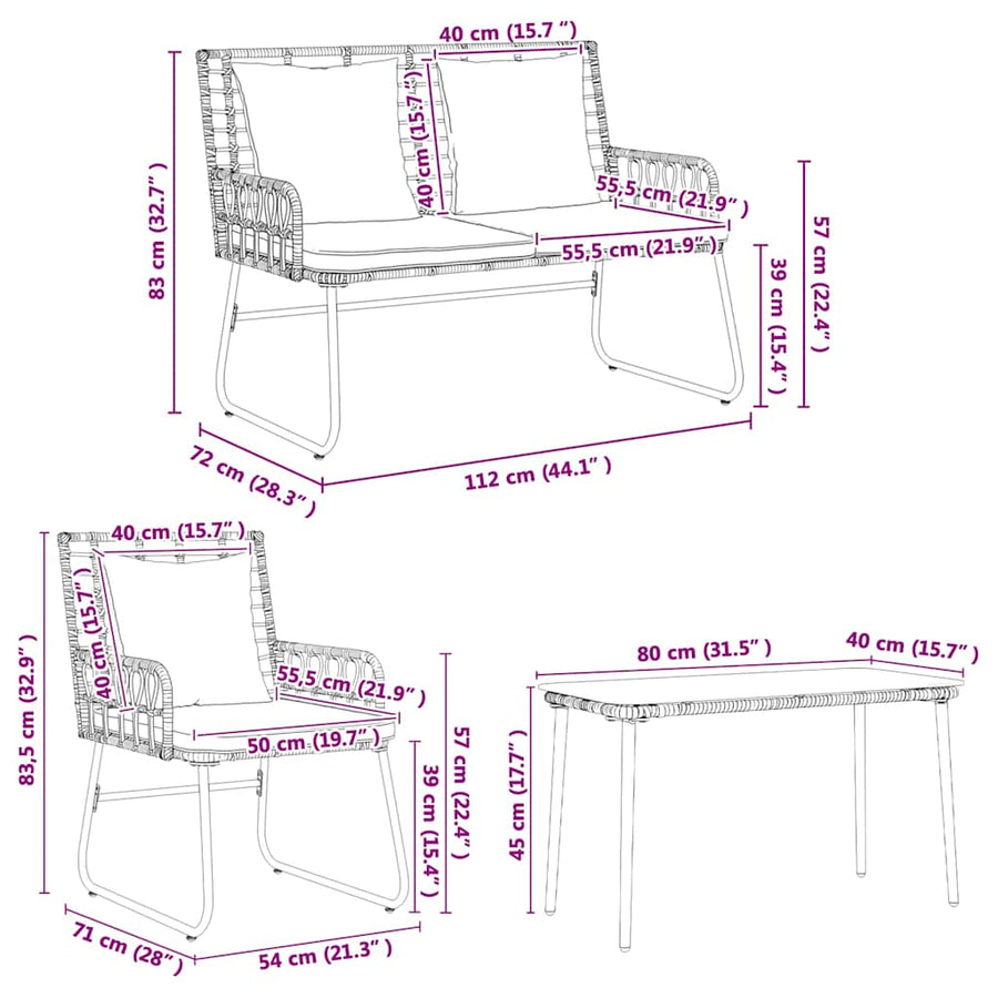 Tuinmeubelset 4 pcs Zwart, Antraciet Poly rattan, staal, polyester
