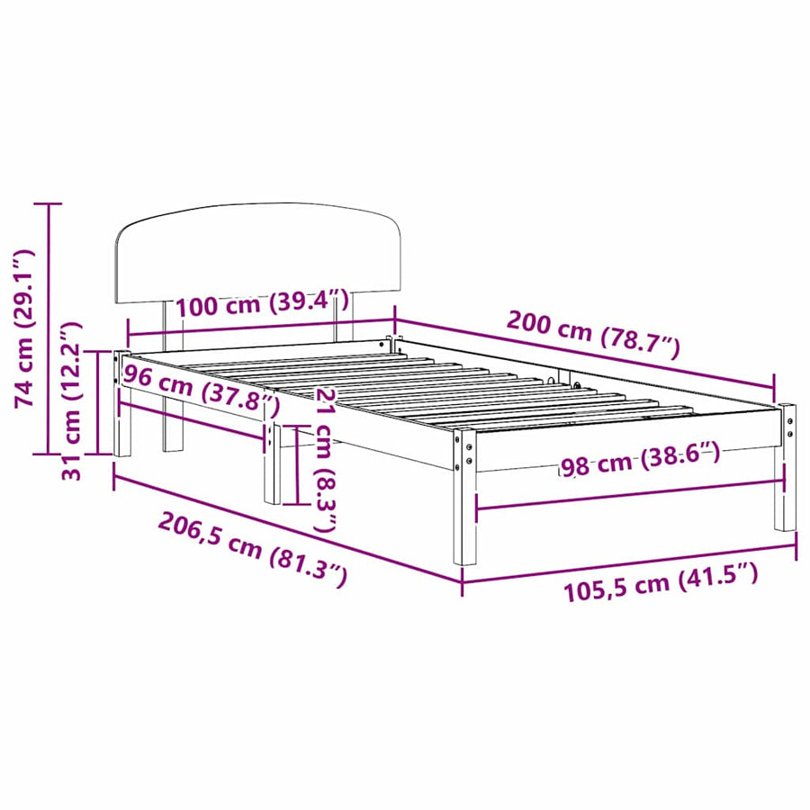 Bedframe met hoofdeinde Naturel 100 x 200 cm Massief grenenhout