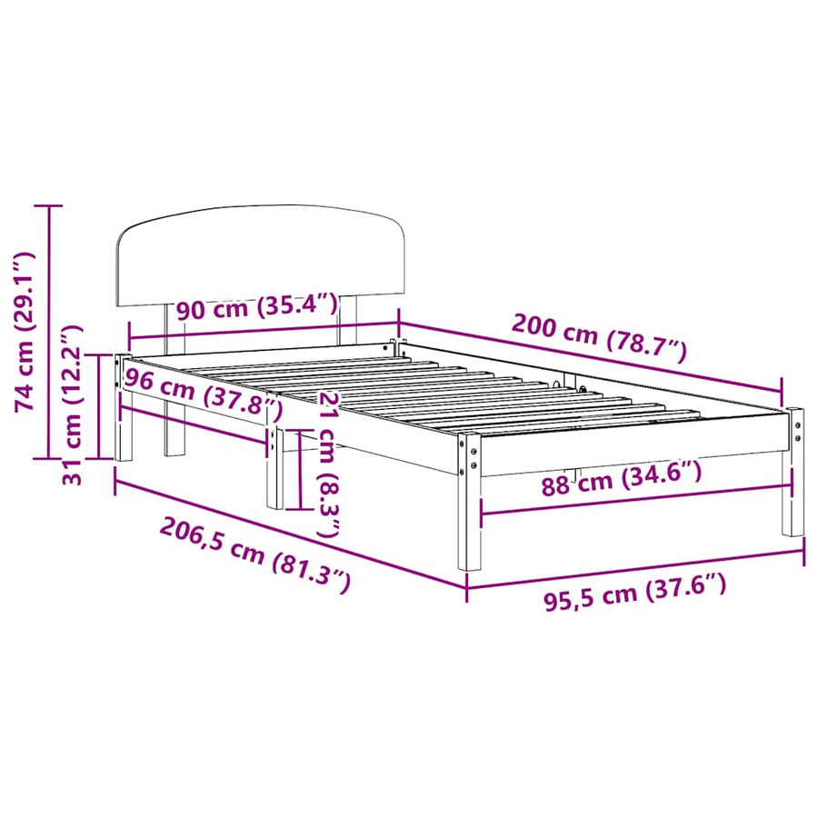 Bedframe met hoofdeinde Wit 90 x 200 cm Massief grenenhout