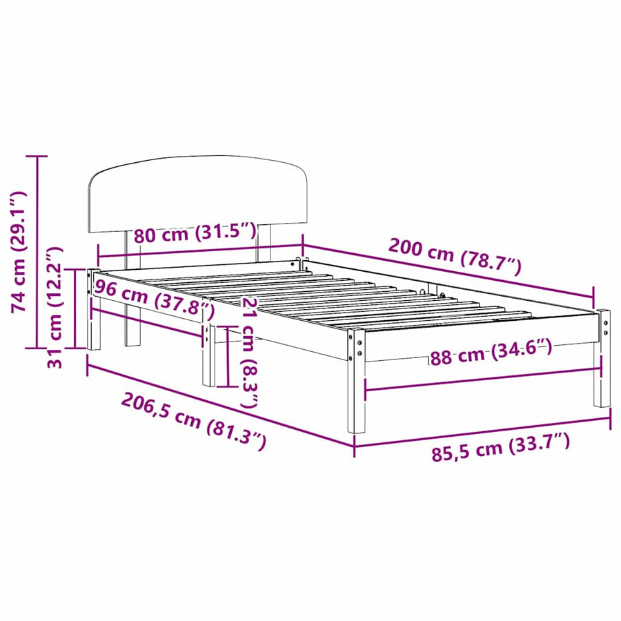 Bedframe met hoofdeinde Wit 80 x 200 cm Massief grenenhout
