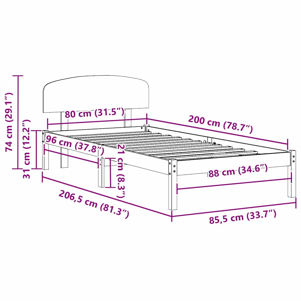 Bedframe met hoofdeinde Wasbruin 80 x 200 cm Massief grenenhout