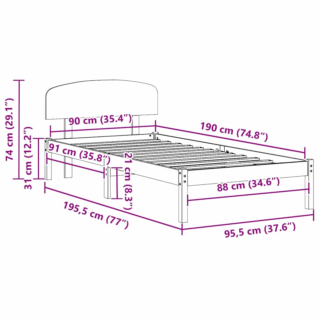 Bedframe met hoofdeinde Wit 90 x 190 cm Massief grenenhout