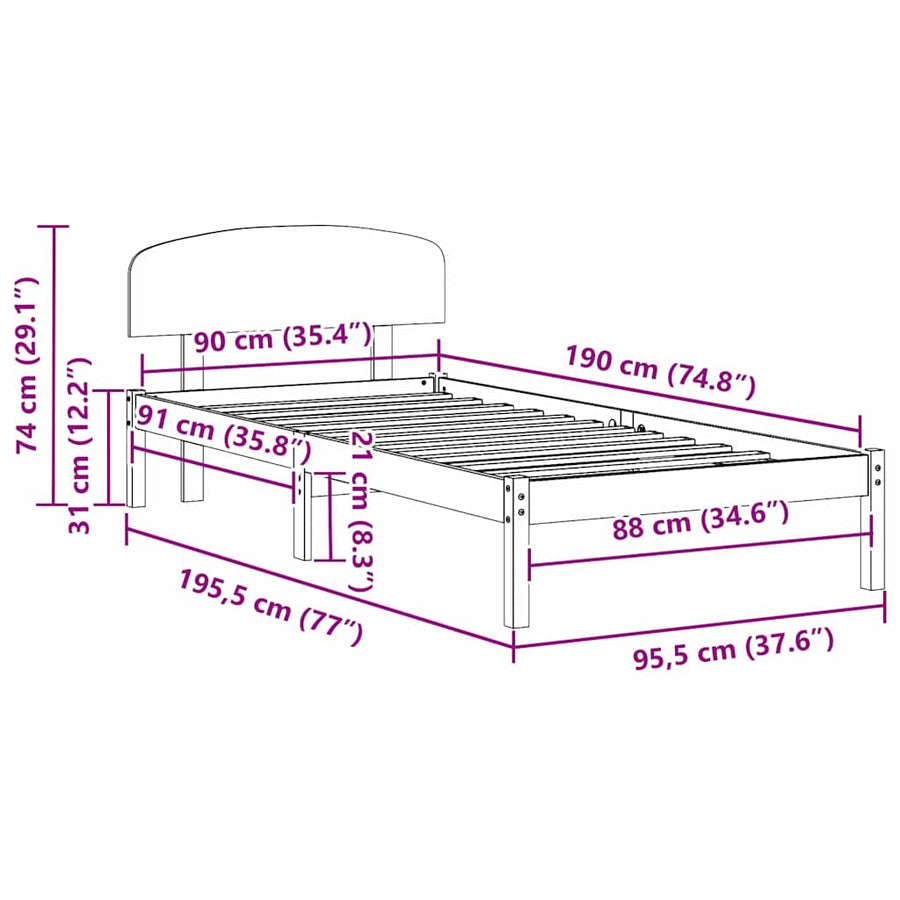 Bedframe met hoofdeinde Wit 90 x 190 cm Massief grenenhout