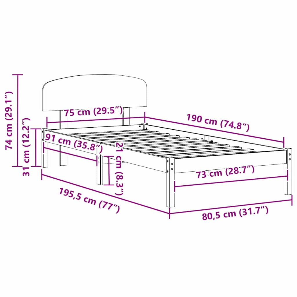 Bedframe met hoofdeinde Naturel 75 x 190 cm Massief grenenhout