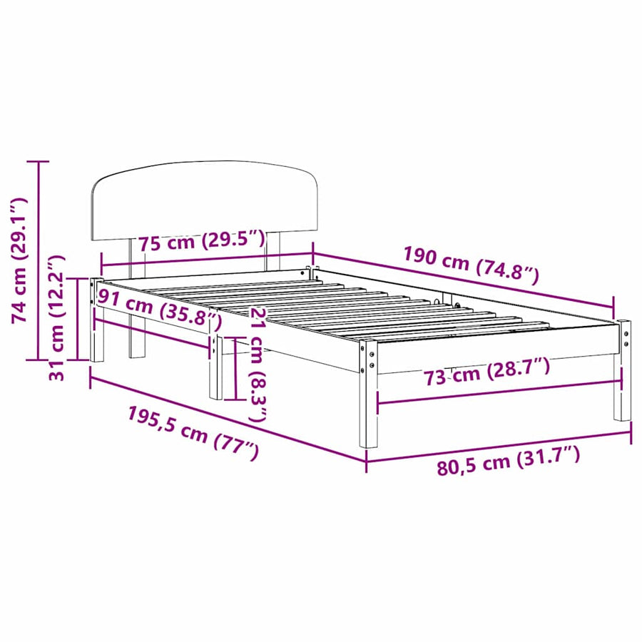 Bedframe met hoofdeinde Wasbruin 75 x 190 cm Massief grenenhout