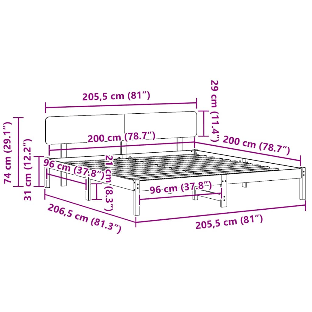 Bedframe met hoofdeinde Wit 200 x 200 cm Massief grenenhout
