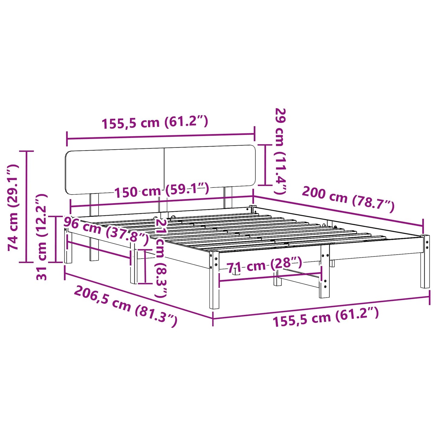 Bedframe met hoofdeinde Wit 150 x 200 cm Massief grenenhout