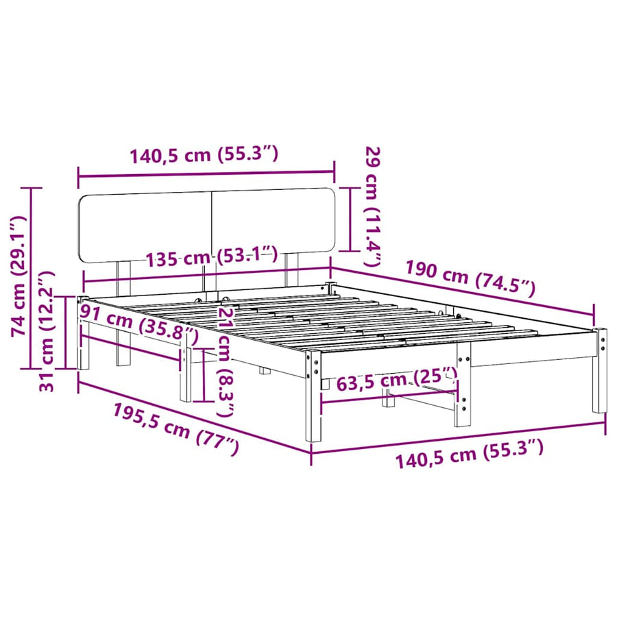 Bedframe met hoofdeinde Naturel 135 x 190 cm Massief grenenhout