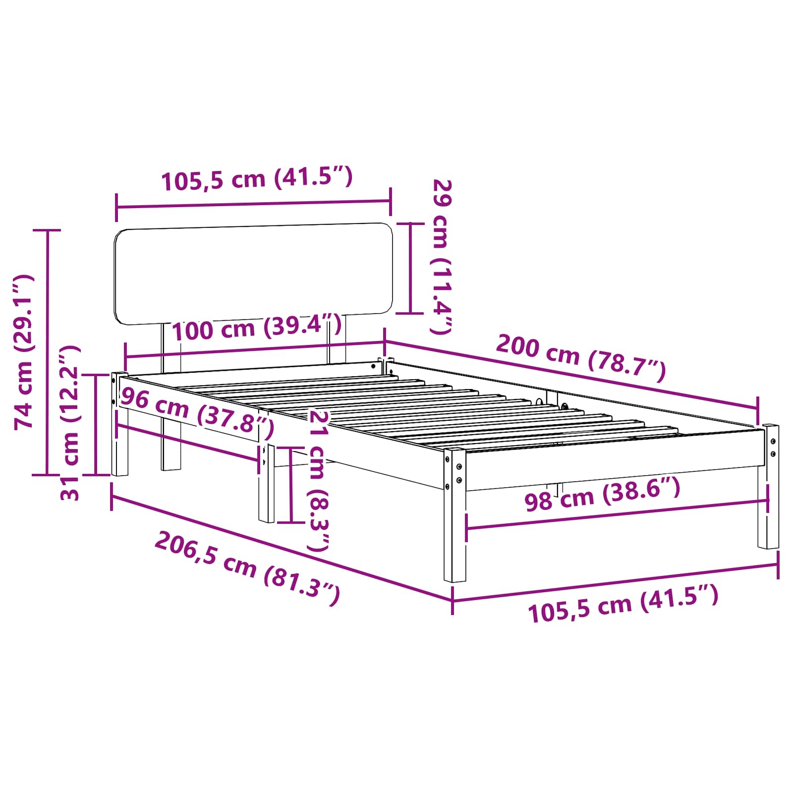 Bedframe met hoofdeinde Naturel 100 x 200 cm Massief grenenhout