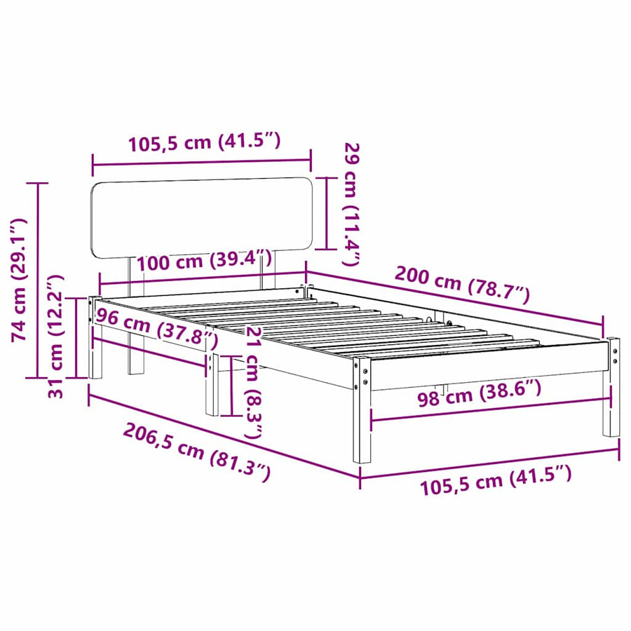 Bedframe met hoofdeinde Wit 100 x 200 cm Massief grenenhout