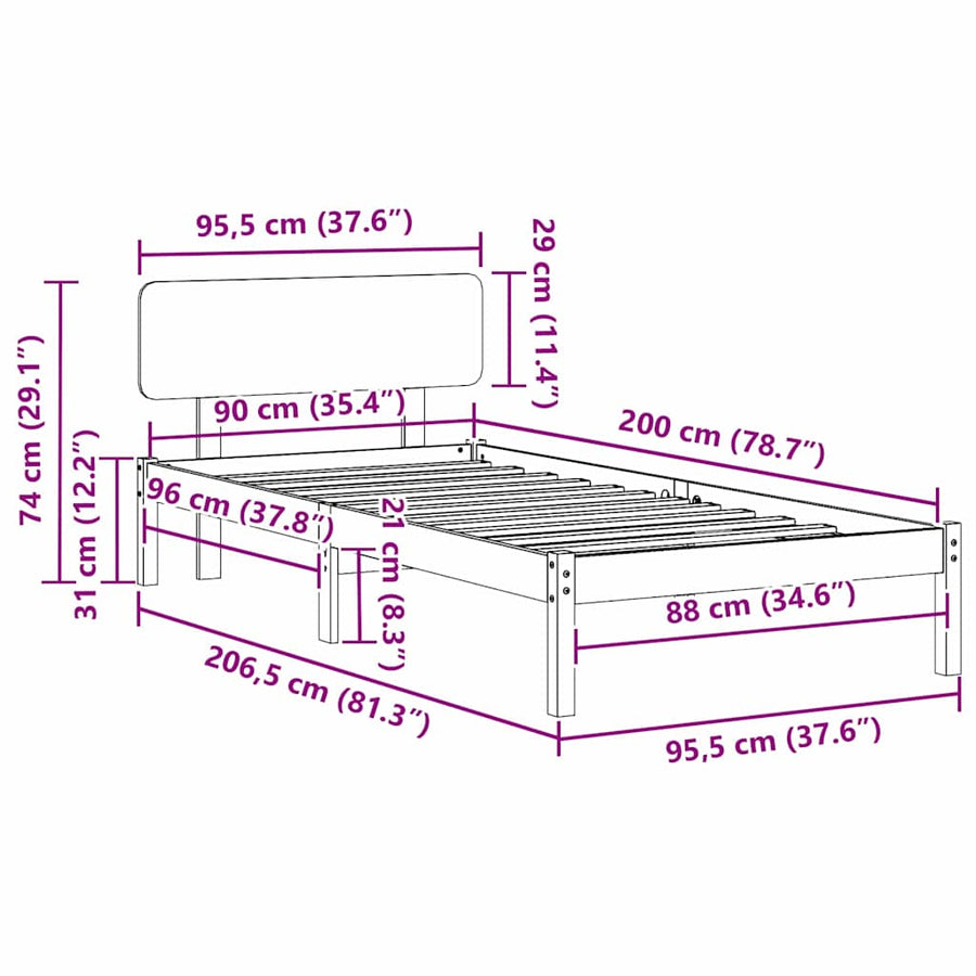 Bedframe met hoofdeinde Naturel 90 x 200 cm Massief grenenhout