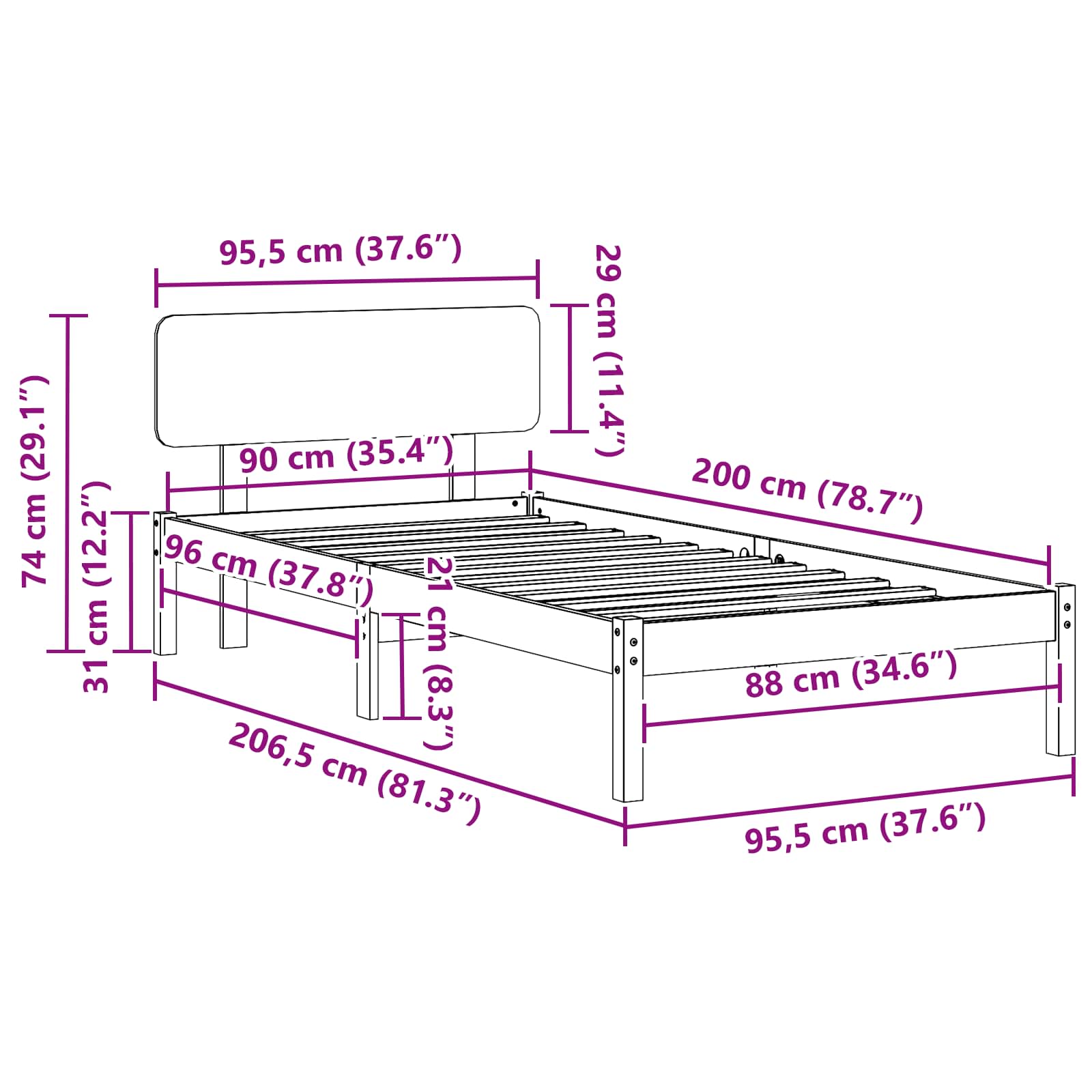 Bedframe met hoofdeinde Wit 90 x 200 cm Massief grenenhout