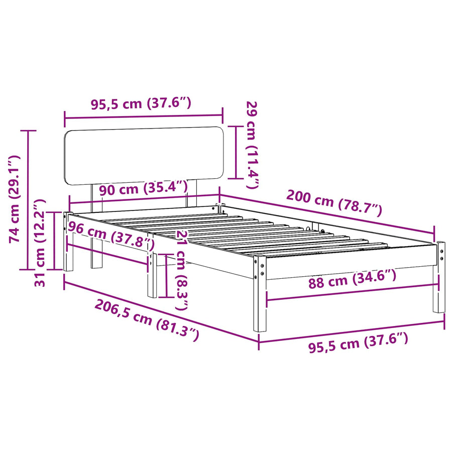 Bedframe met hoofdeinde Wit 90 x 200 cm Massief grenenhout