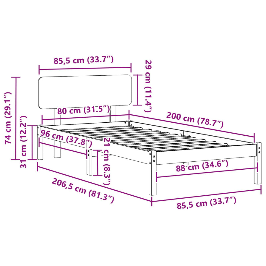 Bedframe met hoofdeinde Naturel 80 x 200 cm Massief grenenhout