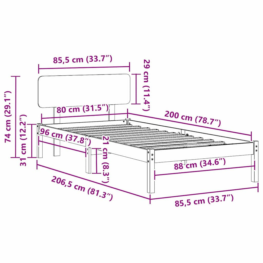 Bedframe met hoofdeinde Wasbruin 80 x 200 cm Massief grenenhout