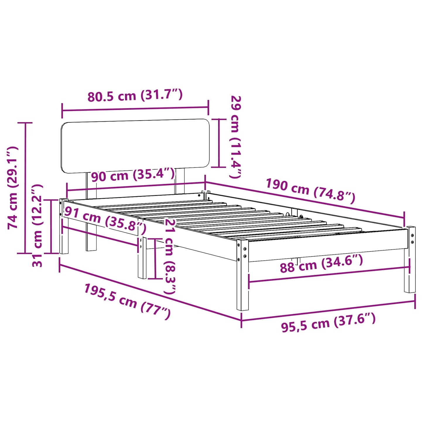 Bedframe met hoofdeinde Naturel 90 x 190 cm Massief grenenhout