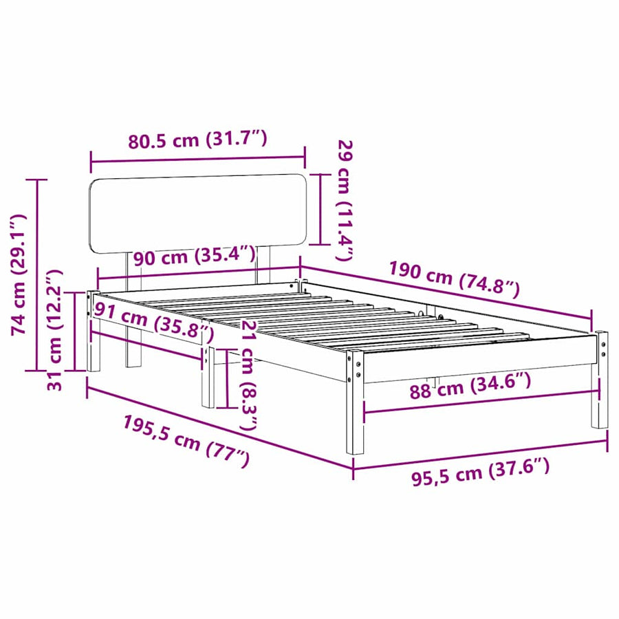 Bedframe met hoofdeinde Wasbruin 90 x 190 cm Massief grenenhout