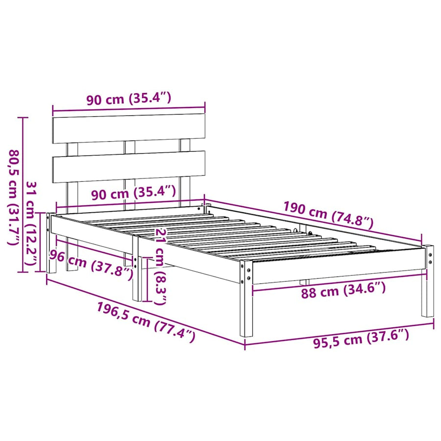 Bedframe met hoofdbord Wit 90x190 cm Massief grenenhout