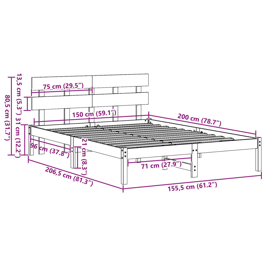 Bedframe met hoofdeinde Bruin 150 x 200 cm Massief grenenhout