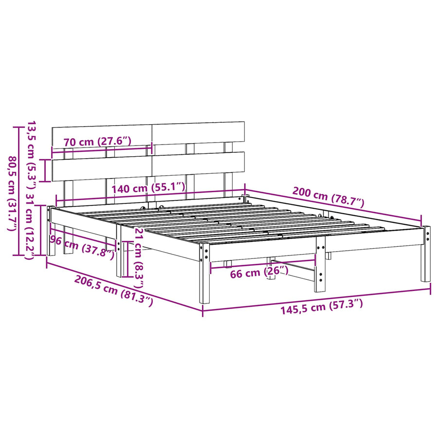 Bedframe met hoofdeinde Bruin 140 x 200 cm Massief grenenhout
