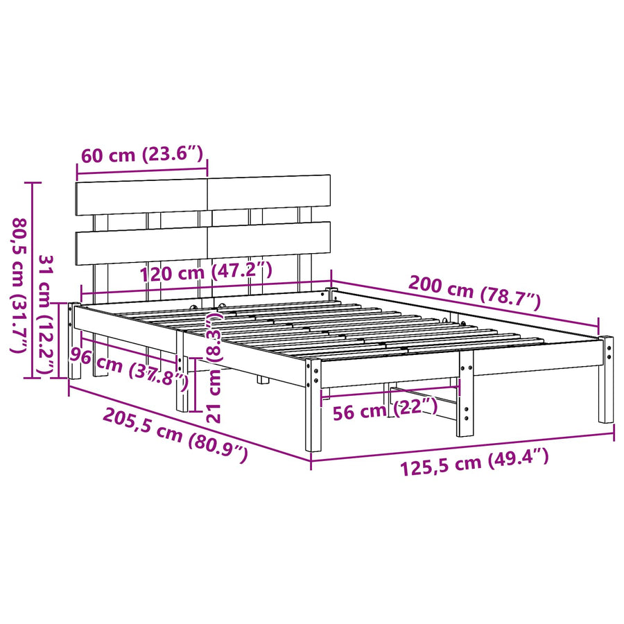 Bedframe met hoofdeinde Wit 120 x 200 cm Massief grenenhout
