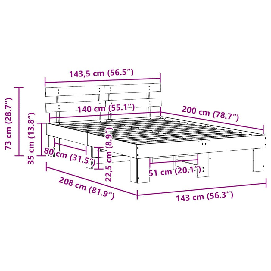 Bedframe met hoofdeinde Naturel 140 x 200 cm Massief grenenhout