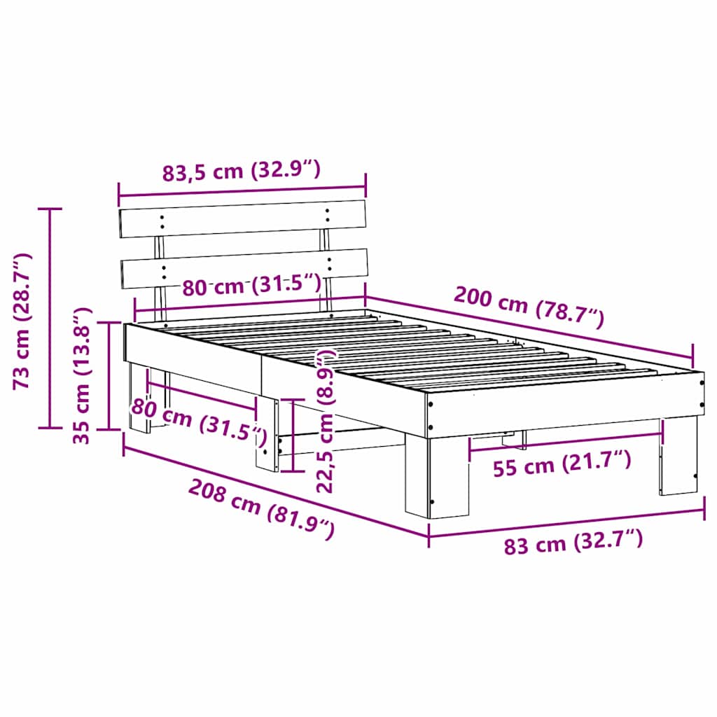 Bedframe met hoofdeinde Naturel 80 x 200 cm Massief grenenhout