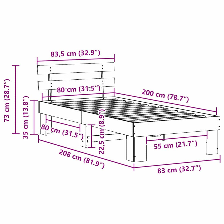Bedframe met hoofdeinde Wasbruin 80 x 200 cm Massief grenenhout