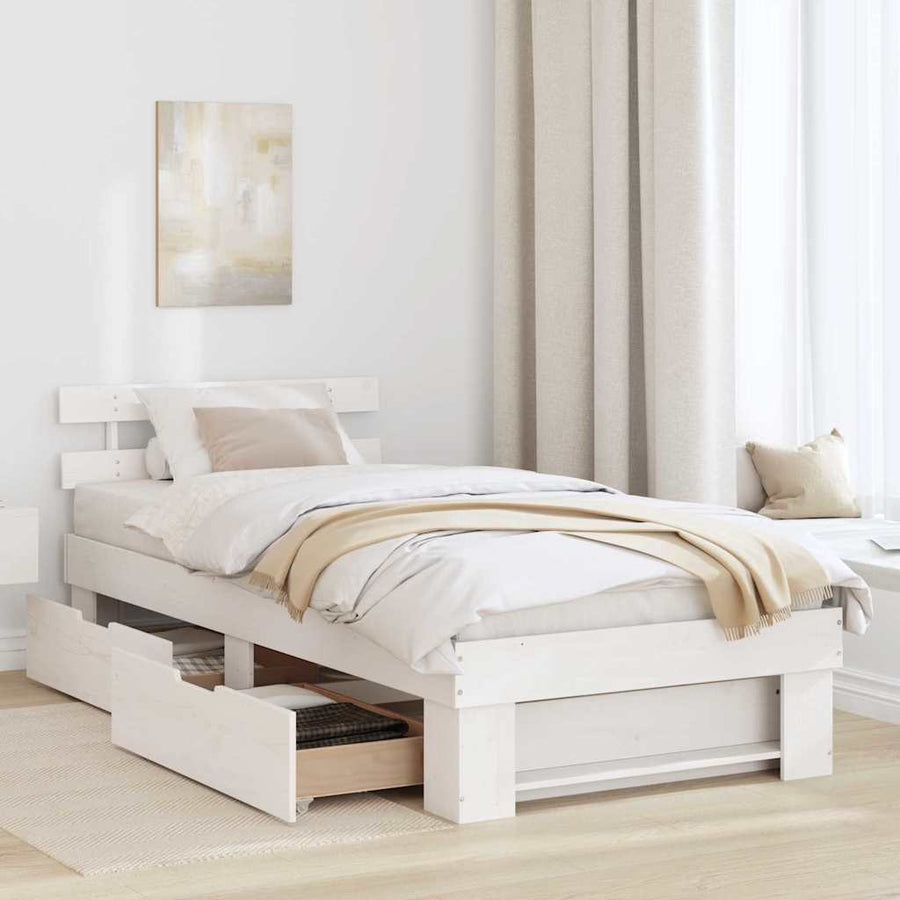 Bedframe met lade met hoofdeinde met opslag Wit 90 x 190 cm Grenenhout