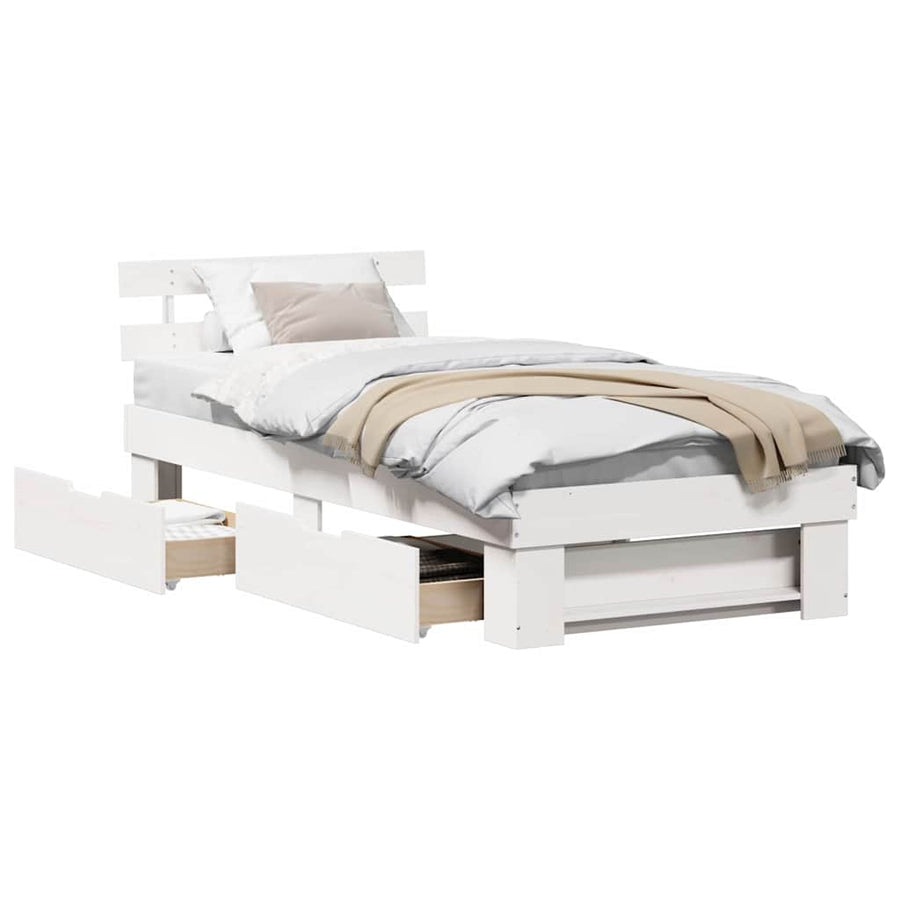 Bedframe met lade met hoofdeinde met opslag Wit 90 x 190 cm Grenenhout
