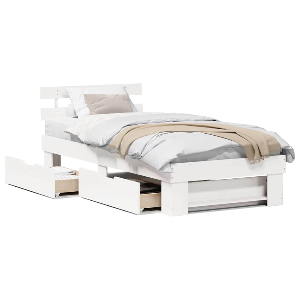 Bedframe met lade met hoofdeinde met opslag Wit 90 x 190 cm Grenenhout