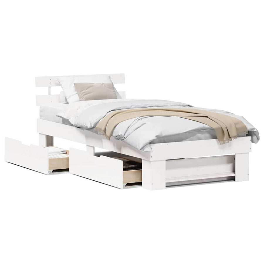 Bedframe met lade met hoofdeinde met opslag Wit 90 x 190 cm Grenenhout
