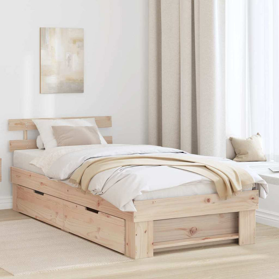 Bedframe met lade met hoofdeinde met opslag Bruin 75 x 190 cm Massief grenenhout