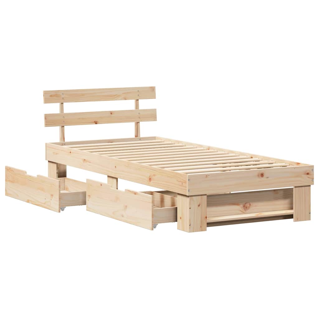 Bedframe met lade met hoofdeinde met opslag Bruin 75 x 190 cm Massief grenenhout