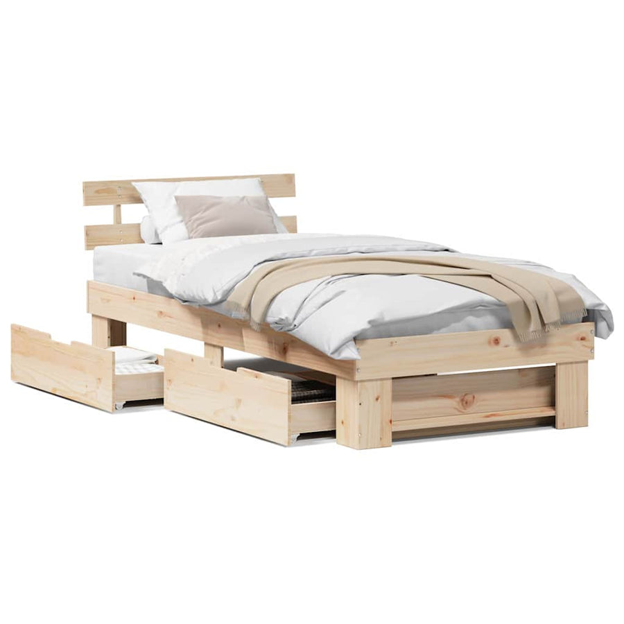Bedframe met lade met hoofdeinde met opslag Bruin 75 x 190 cm Massief grenenhout