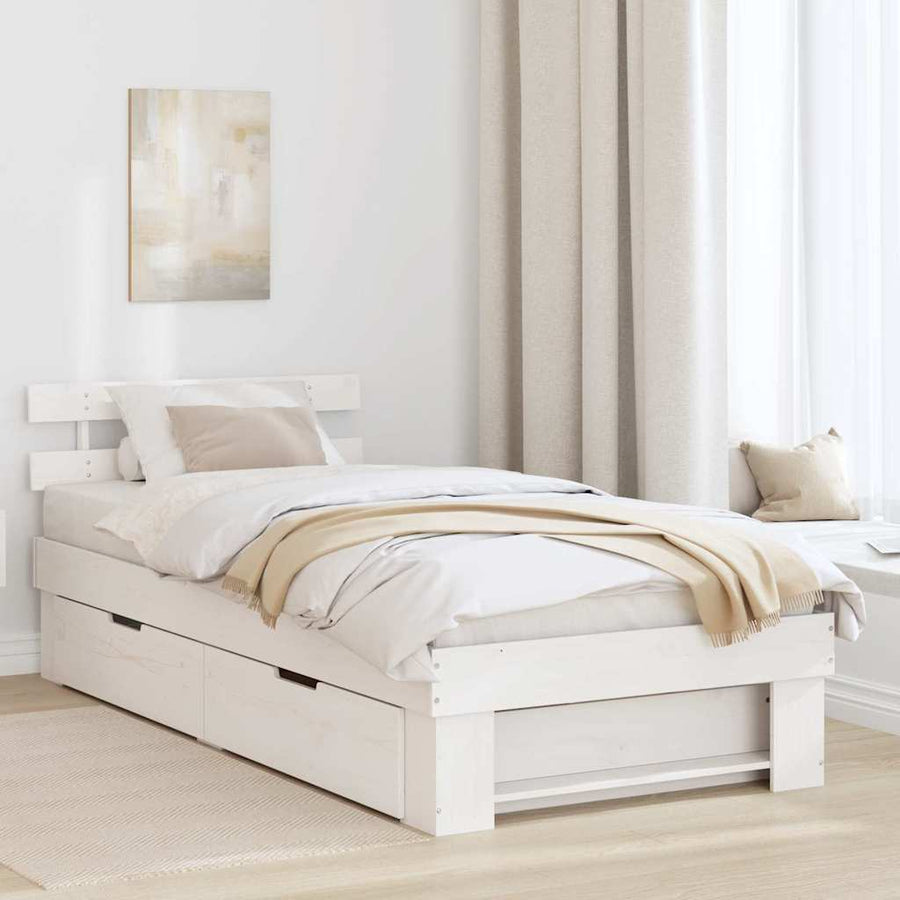 Bedframe met lade met hoofdeinde met opslag Wit 75 x 190 cm Massief grenenhout